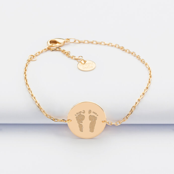 Bracelet enfant chaîne personnalisé médaille gravée plaqué or 2 trous 15 mm - Nos petits imparfaits empreintes pieds