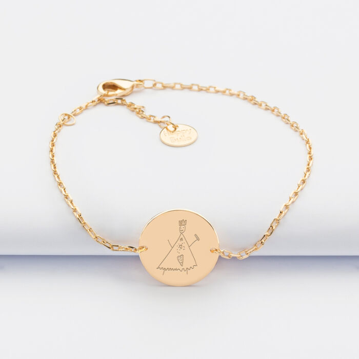 Bracelet enfant chaîne personnalisé médaille gravée plaqué or 2 trous 15 mm - Nos petits imparfaits dessin