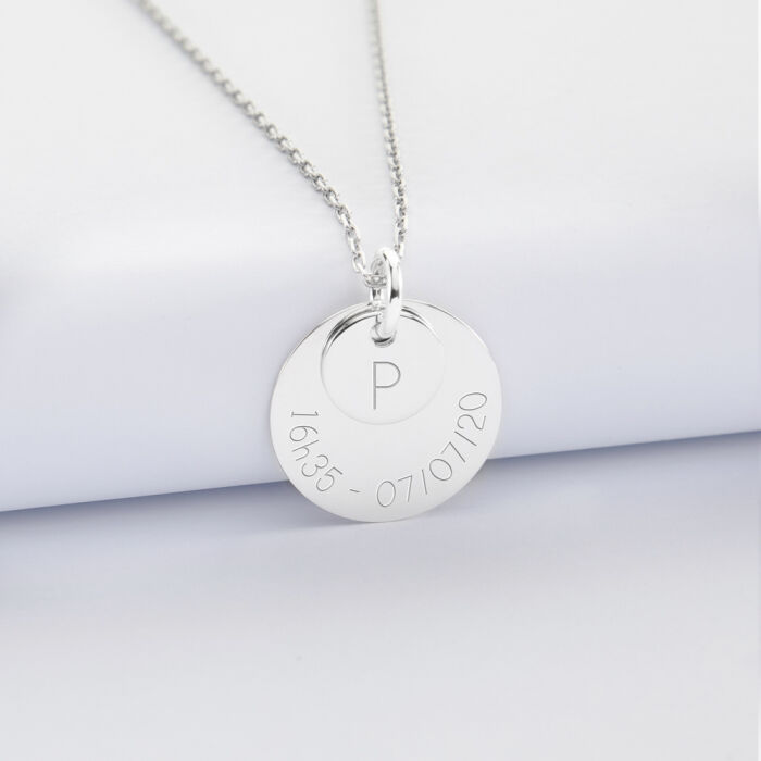 Pendentif personnalisé double médailles gravées argent 10 mm et 19 mm prénoms P