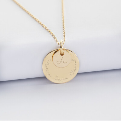 Pendentif personnalisé double médailles gravées plaqué or 10 mm et 19 mm - prénoms 2