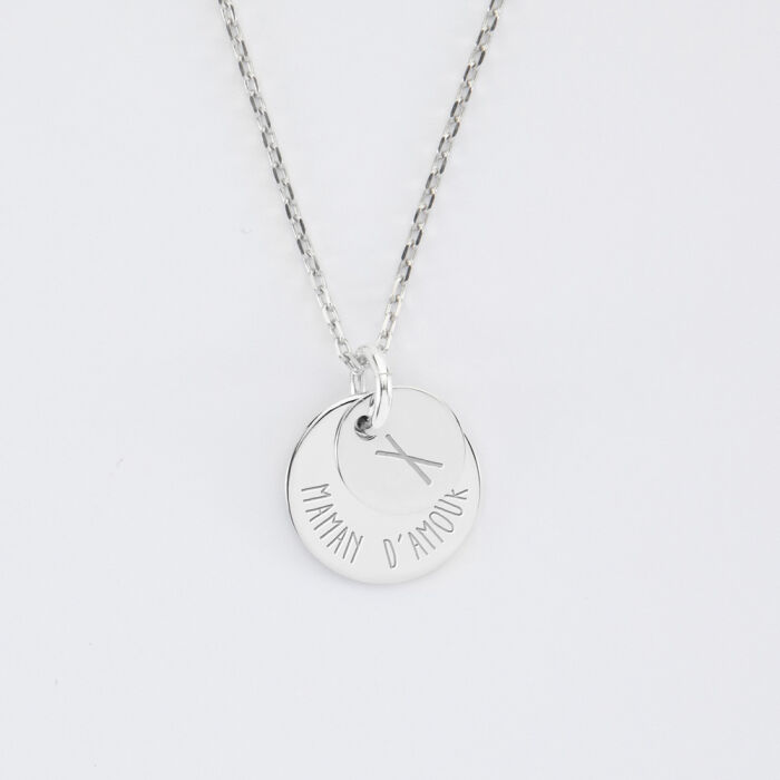 Pendentif personnalisé double médailles gravées argent 10 mm et 15 mm prénoms 2