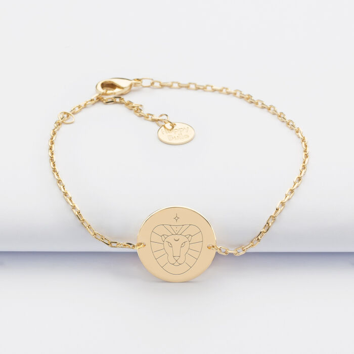 Bracelet chaine personnalisé médaille gravée plaqué or 2 trous 15 mm - Edition spéciale Astro lion