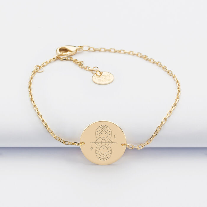 Bracelet chaine personnalisé médaille gravée plaqué or 2 trous 15 mm - Edition spéciale Astro gemeaux
