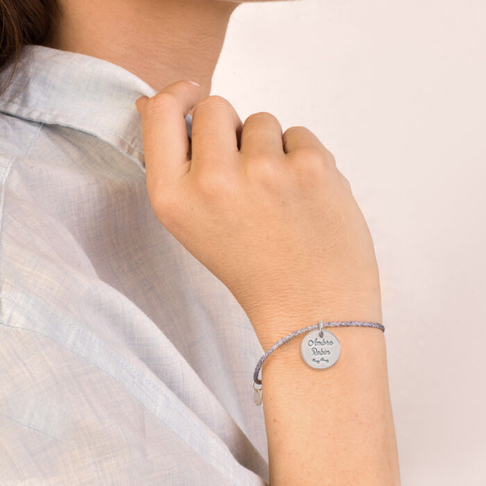 Bracelet personnalisé cordon pailleté médaille gravée argent 15 mm - porte