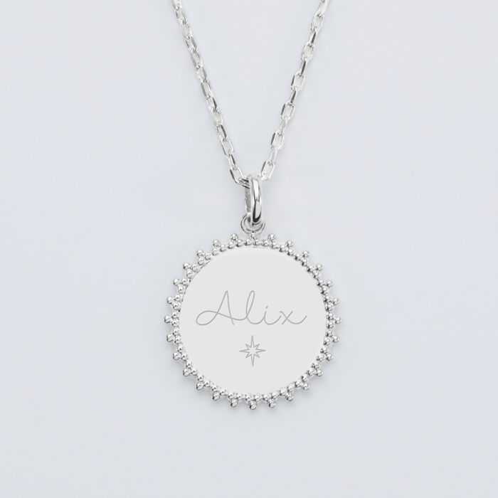 Pendentif soleil personnalisé médaille gravée argent 20 mm prnom