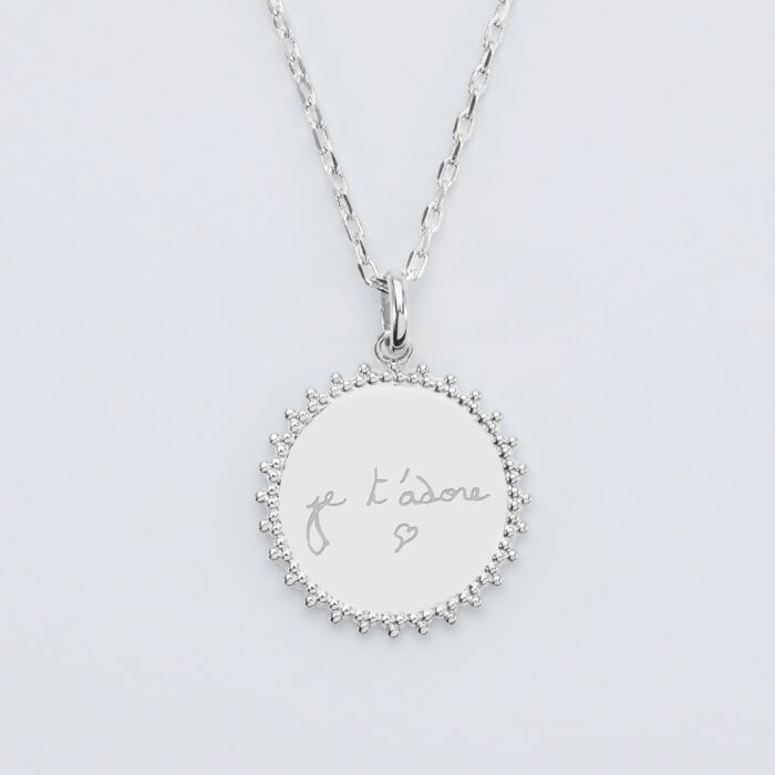 Pendentif soleil personnalisé médaille gravée argent 20 mm écrit