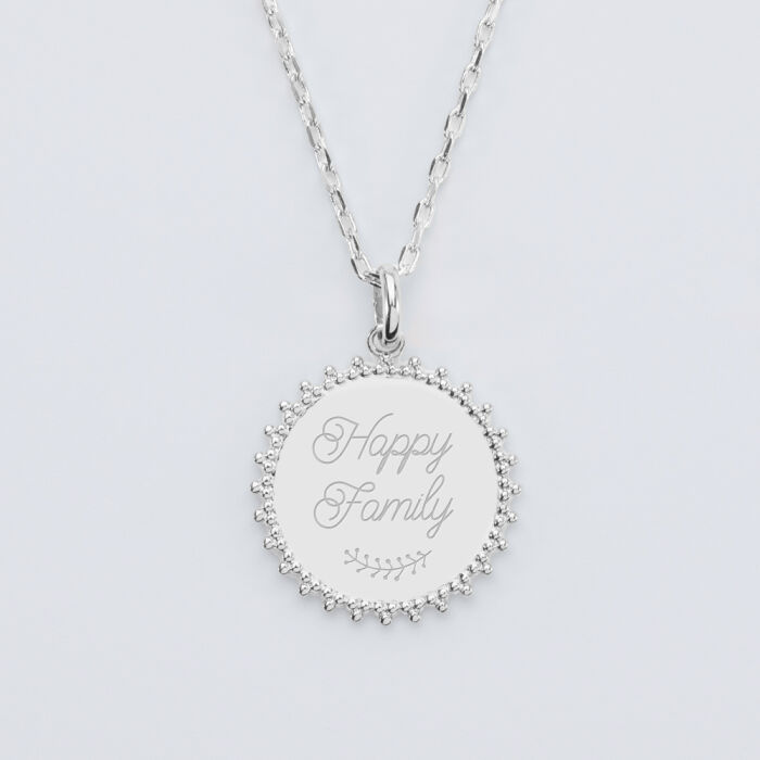 Pendentif soleil personnalisé médaille gravée argent 20 mm illustartion