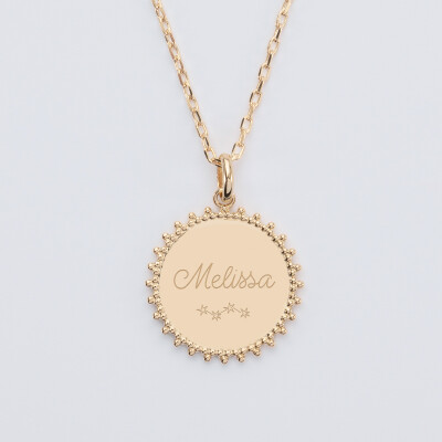 Pendentif personnalisé médaille soleil  gravée plaqué or 20 mm - prenom