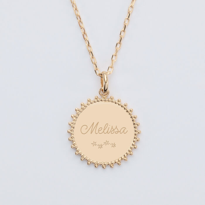 Pendentif personnalisé médaille soleil  gravée plaqué or 20 mm - prenom