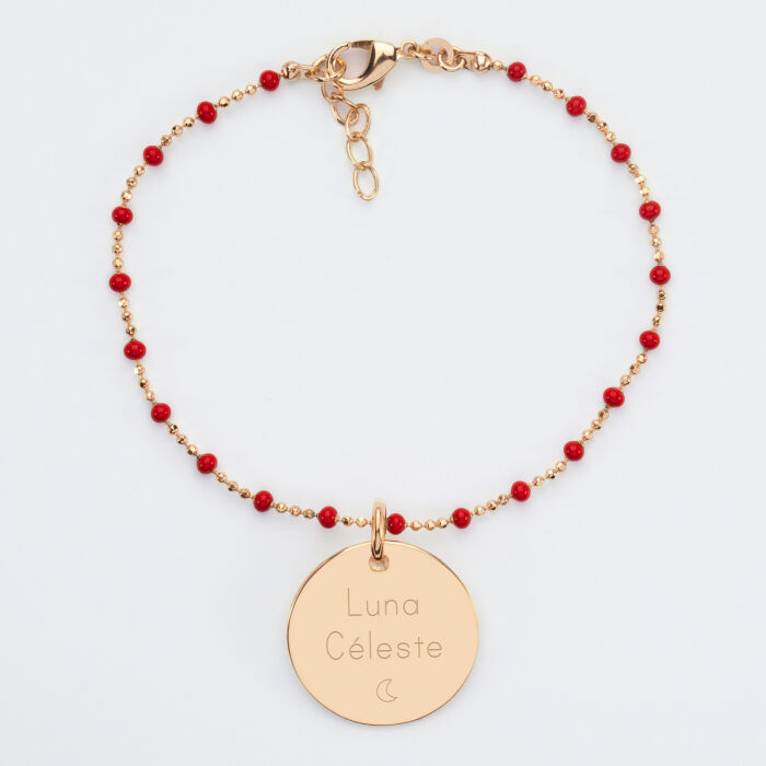 Personalised engraved gold-plated medallion colored beads bracelet 19 mm