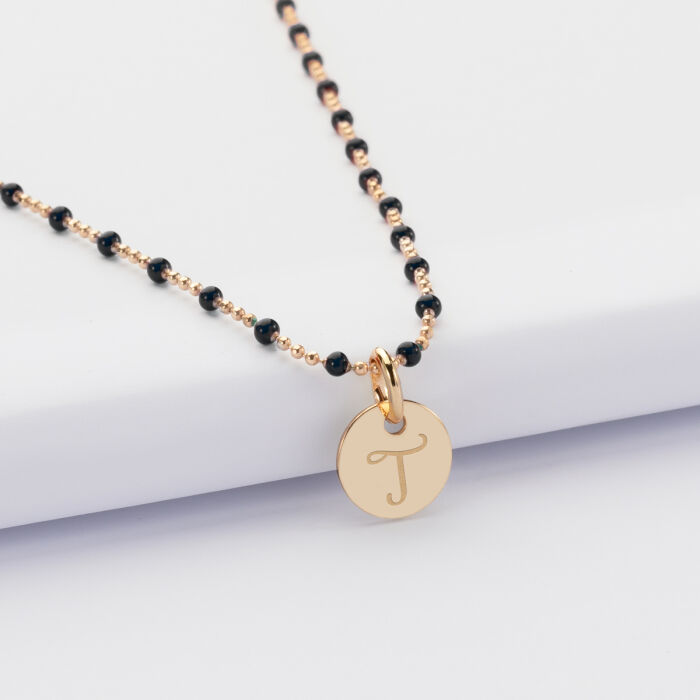 Collier perles colorées personnalisé médaille gravée plaqué or 10 mm