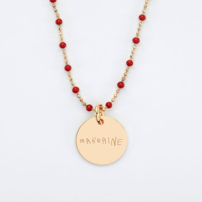 Personalised engraved gold-plated medallion colored beads necklace 15 mm