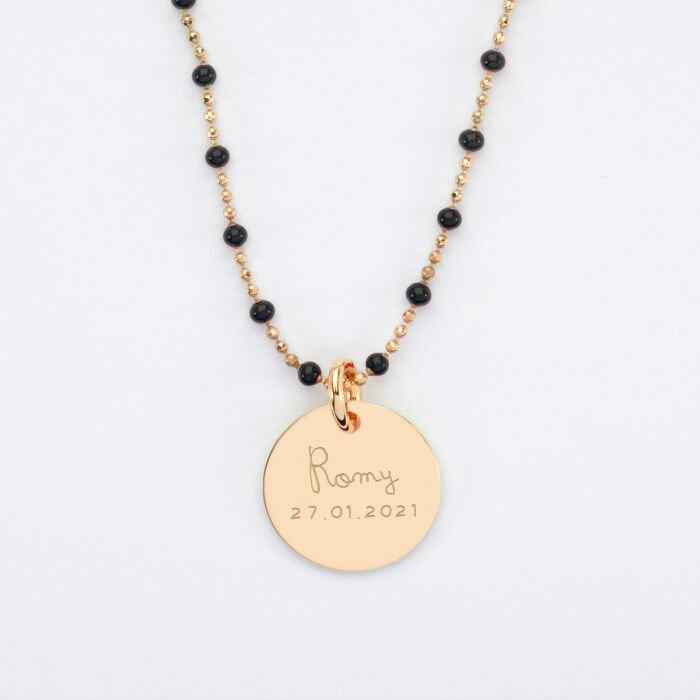 Personalised engraved gold-plated medallion colored beads necklace 15 mm