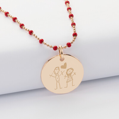 Collier perles colorées personnalisé médaille gravée plaqué or 19 mm - dessin
