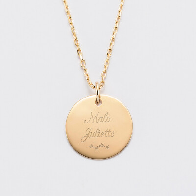 Pendentif personnalisé médaille gravée plaqué or 19 mm - texte picto
