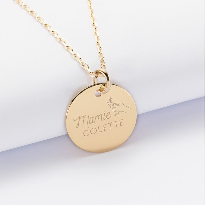 Pendentif personnalisé médaille gravée plaqué or 19 mm - édition spéciale "Mamie bouquet" - 1