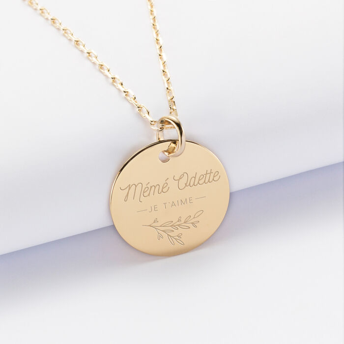 Personalised engraved gold plated medallion pendant 19mm floral Love