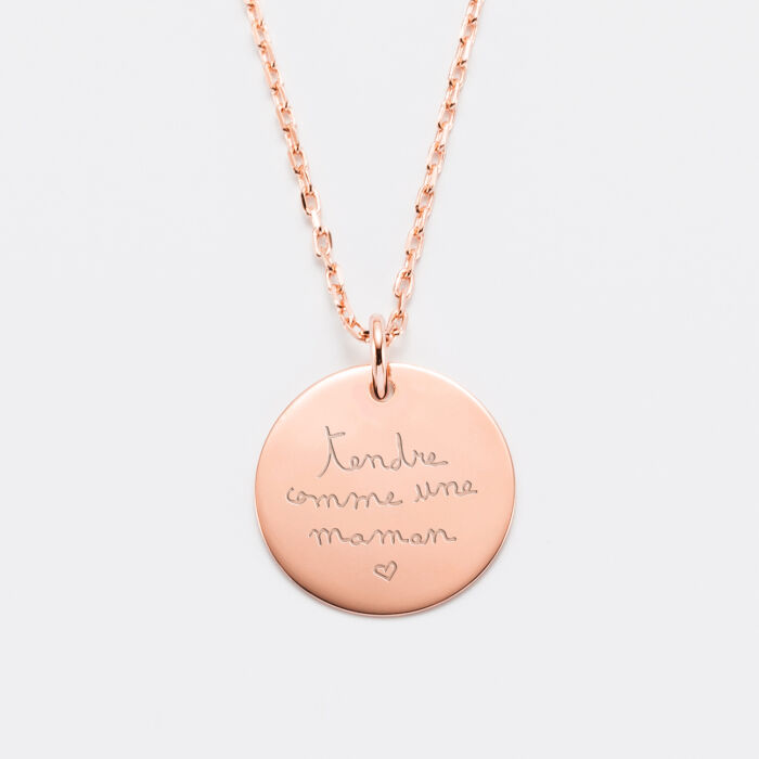 Pendentif personnalisé médaille gravée plaqué or rose 19 mm - manuscrit