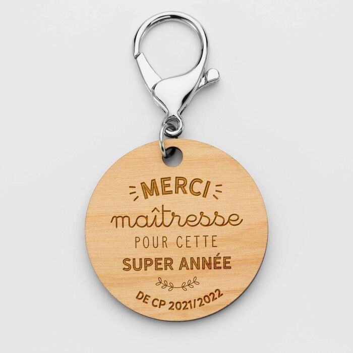 Porte clé personnalisé gravée bois médaille ronde 50 mm - Merci Maîtresse