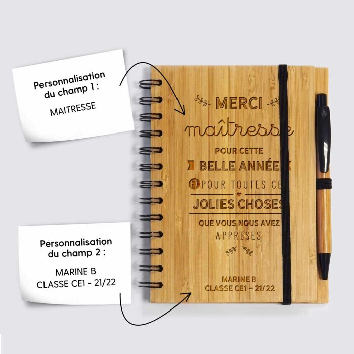 Carnet bambou personnalisé 14,5x18 cm et stylo gravé - Merci Maîtresse - tuto
