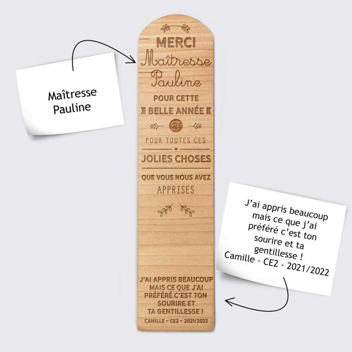 Marque page personnalisé bois gravé "Merci Maîtresse" - explication