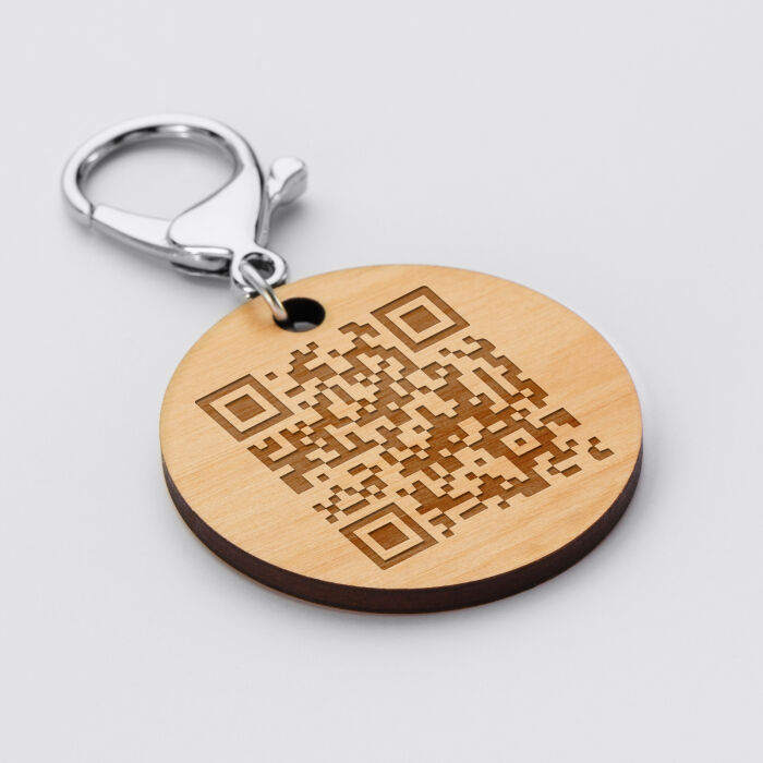 Porte-clés personnalisé gravé bois médaille ronde 50 mm - QR Code 3
