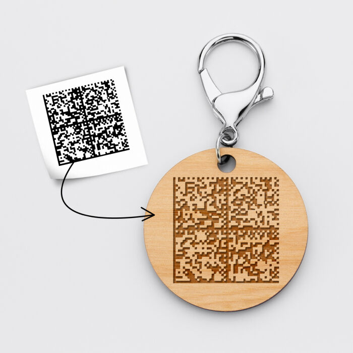 Porte-clés personnalisé gravé bois médaille ronde 50 mm - QR Code exemple