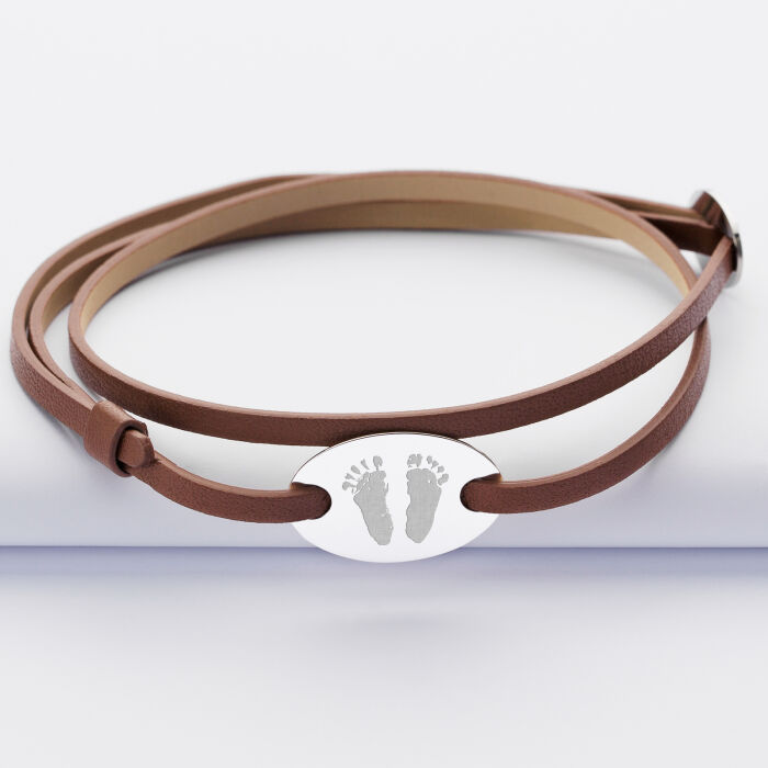 Gents 2-turn leather bracelet with personalised engraved oval 2-hole silver medallion 25x16mm imprint