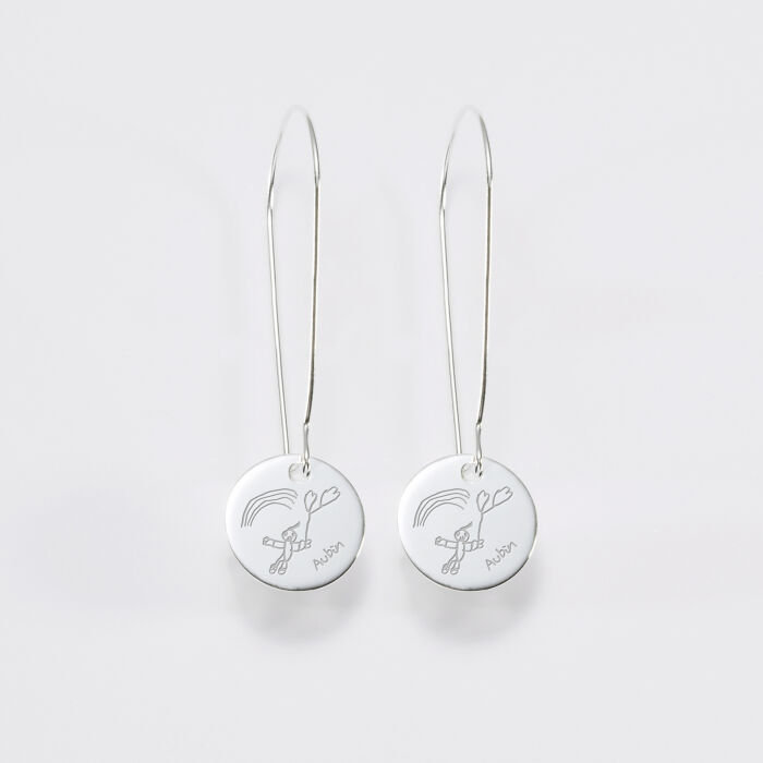 Boucles d'oreilles longues personnalisées gravées argent 15 mm - dessins