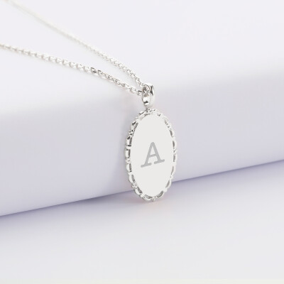 Pendentif personnalisé médaille vintage ovale dentelée gravée argent 20x13 mm - A