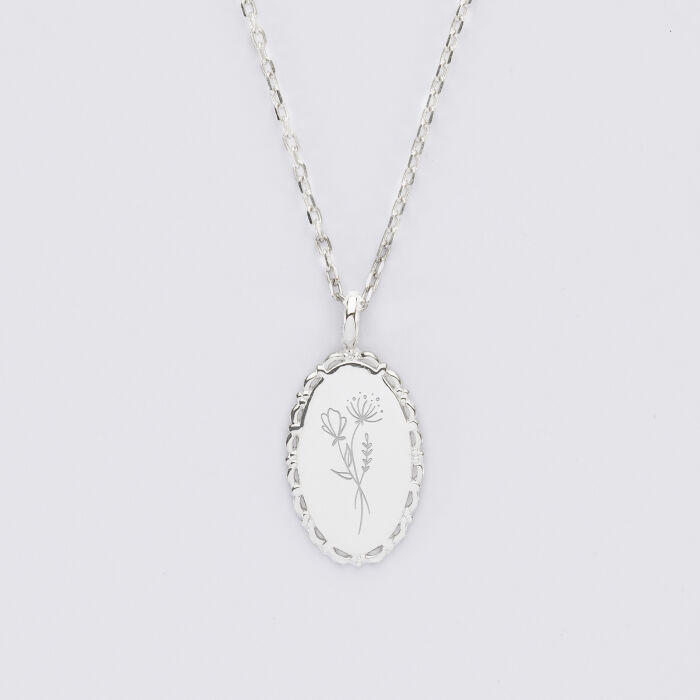 Pendentif personnalisé médaille vintage ovale dentelée gravée argent 20x13 mm fleur 2