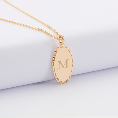 Personalised engraved gold plated oval serrated vintage medallion pendant 20x13 mm