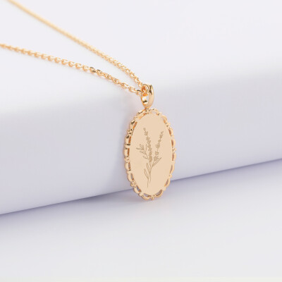 Pendentif personnalisé médaille vintage ovale dentelée gravée plaqué or 20x13 mm -fleurs
