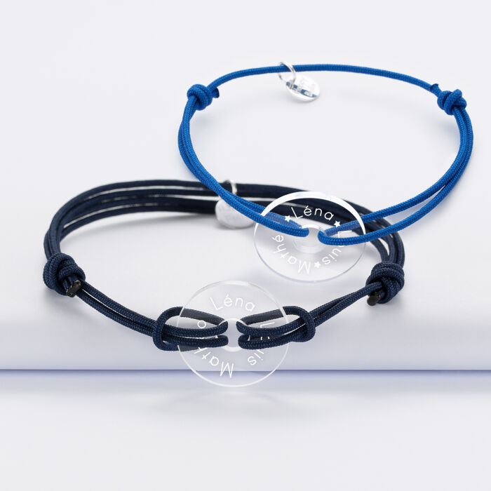 Duo de bracelets personnalisés médailles gravées acrylique cible 21 mm prénoms