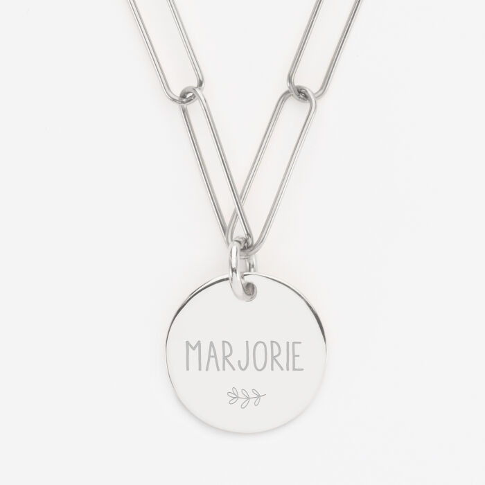 Pendentif personnalisé grandes mailles médaille gravée argent 19 mm - prénoms  et illustration