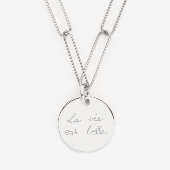 Pendentif personnalisé grandes mailles médaille gravée argent 19 mm - écrit
