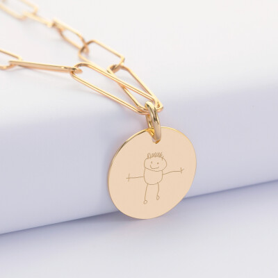 Pendentif personnalisé grandes mailles médaille gravée plaqué or 19 mm - dessin