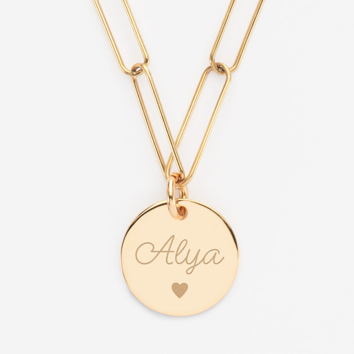 Personalised pendant large mesh medal engraved gold plated 19 mm