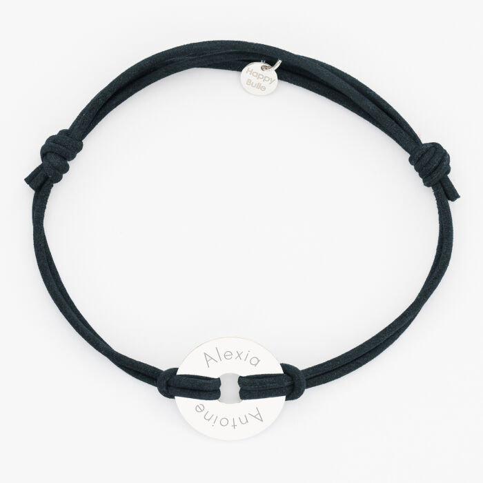 Bracelet homme personnalisé cordon cuir médaille gravée cible argent 20 mm - texte