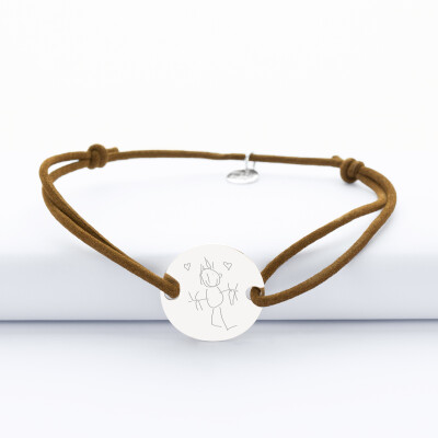 Bracelet homme personnalisé cordon cuir doublé médaille gravée argent 2 trous 20 mm - dessin