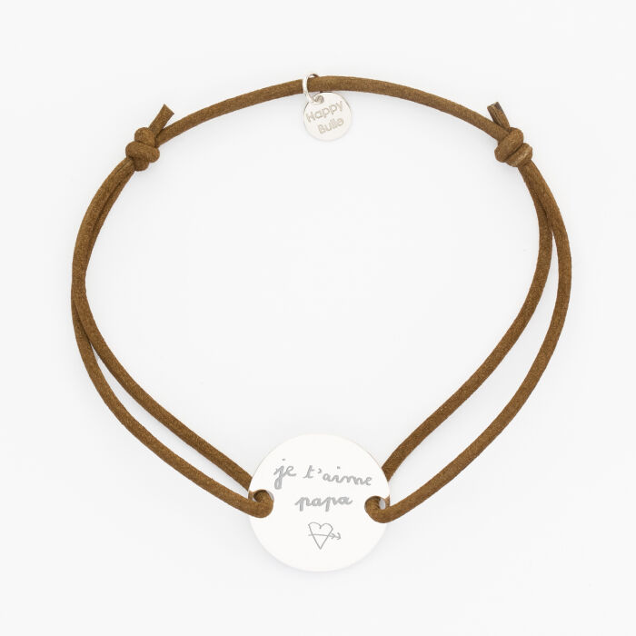 Bracelet homme personnalisé cordon cuir doublé médaille gravée argent 2 trous 20 mm - écrit