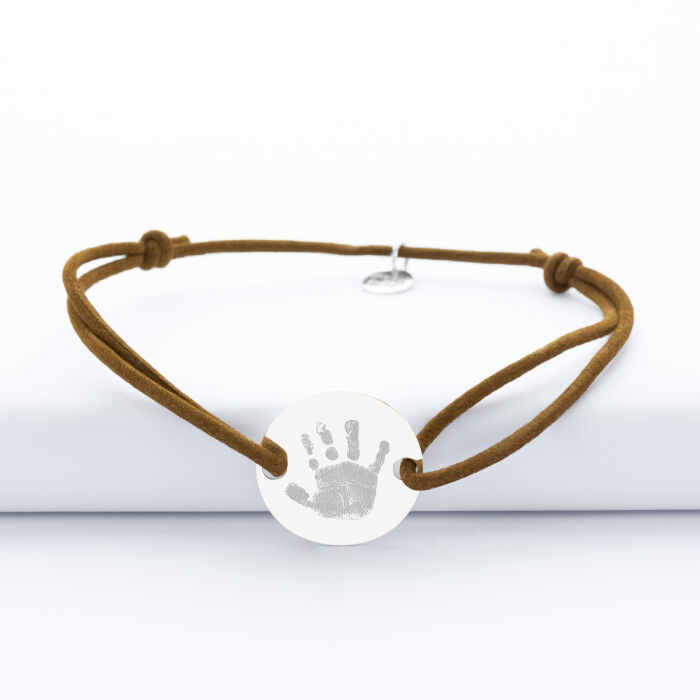 Bracelet homme personnalisé cordon cuir doublé médaille gravée argent 2 trous 20 mm - empreinte