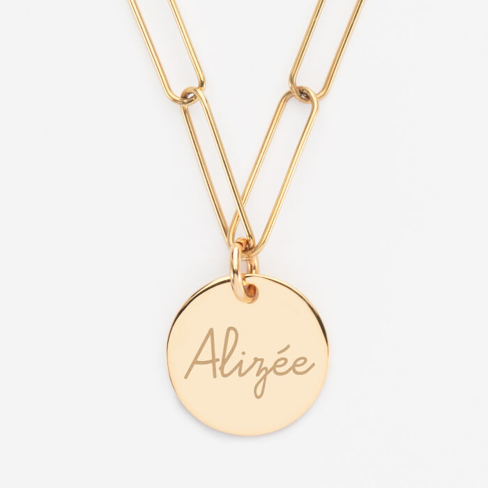 Pendentif personnalisé grandes mailles médaille gravée plaqué or 19 mm - 4