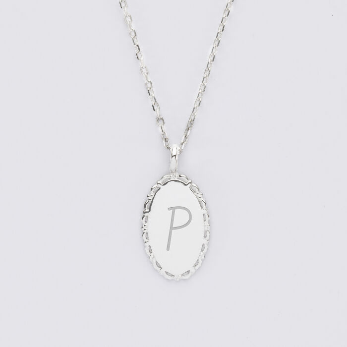 Pendentif personnalisé médaille vintage ovale dentelée gravée argent 20x13 mm - 2