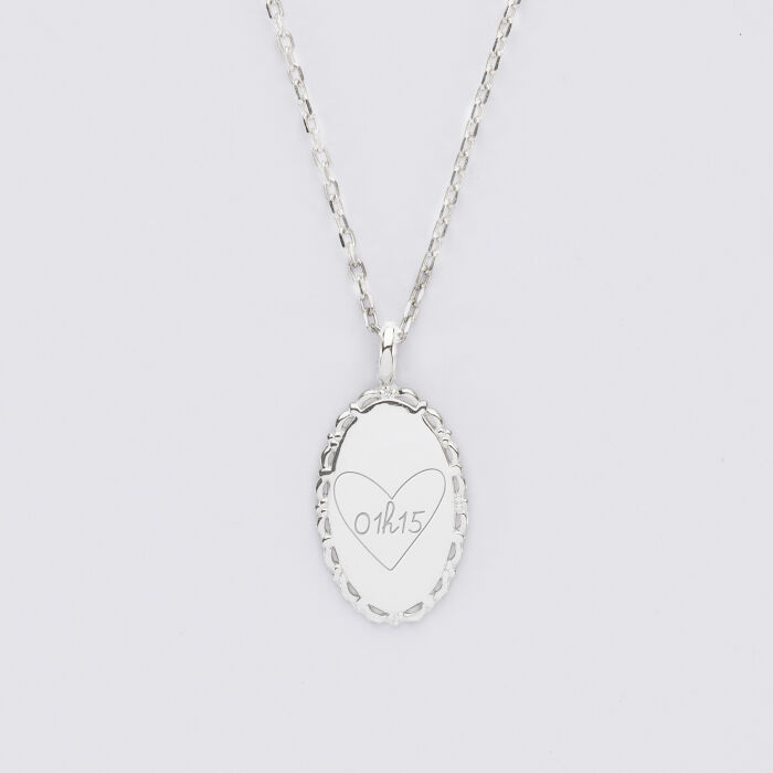 Pendentif personnalisé médaille vintage ovale dentelée gravée argent 20x13 mm - 4