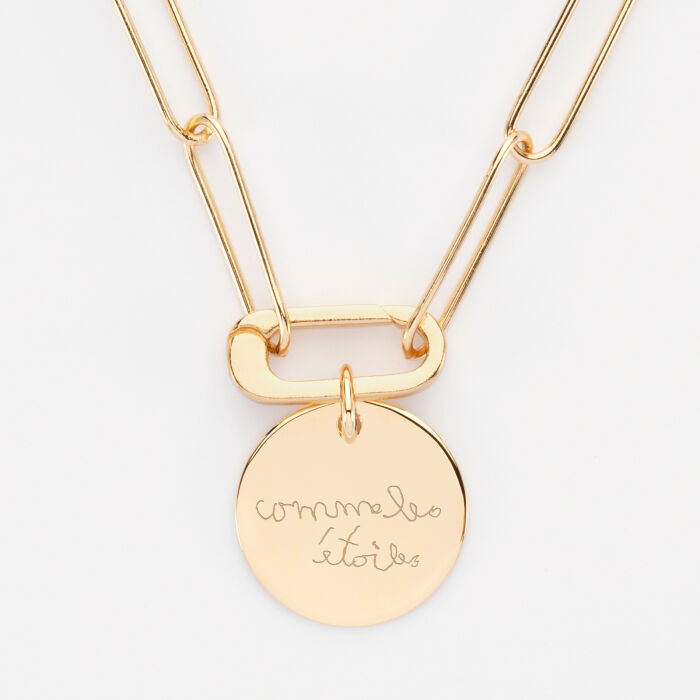 Collier personnalisé grandes mailles mousqueton médaille gravée plaqué or 19 mm - manuscrit