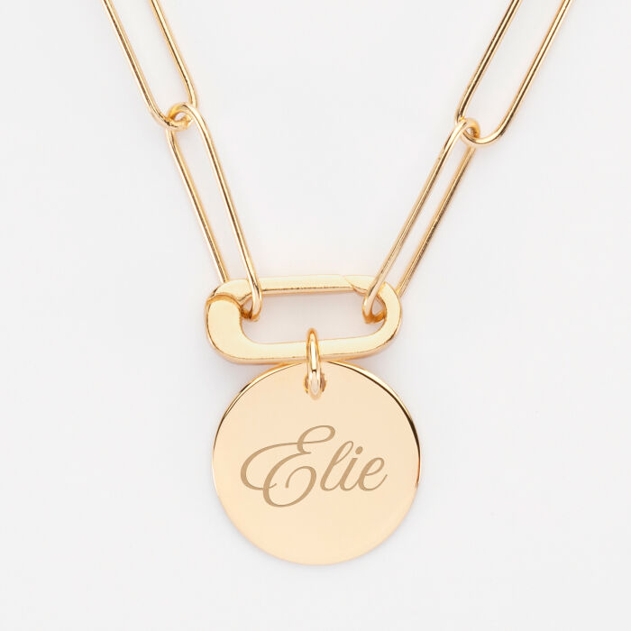 Collier personnalisé grandes mailles mousqueton médaille gravée plaqué or 19 mm - prenom