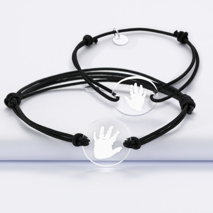 Duo de bracelets personnalisés médailles gravées acrylique rondes 2 trous 21 mm empreinte