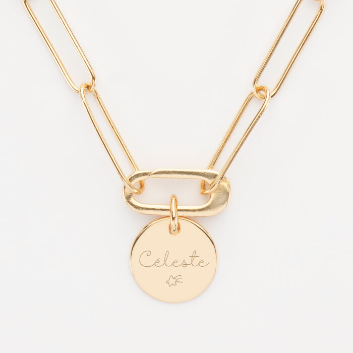 Collier personnalisé grandes mailles médaille gravée plaqué or 15 mm - texte picto