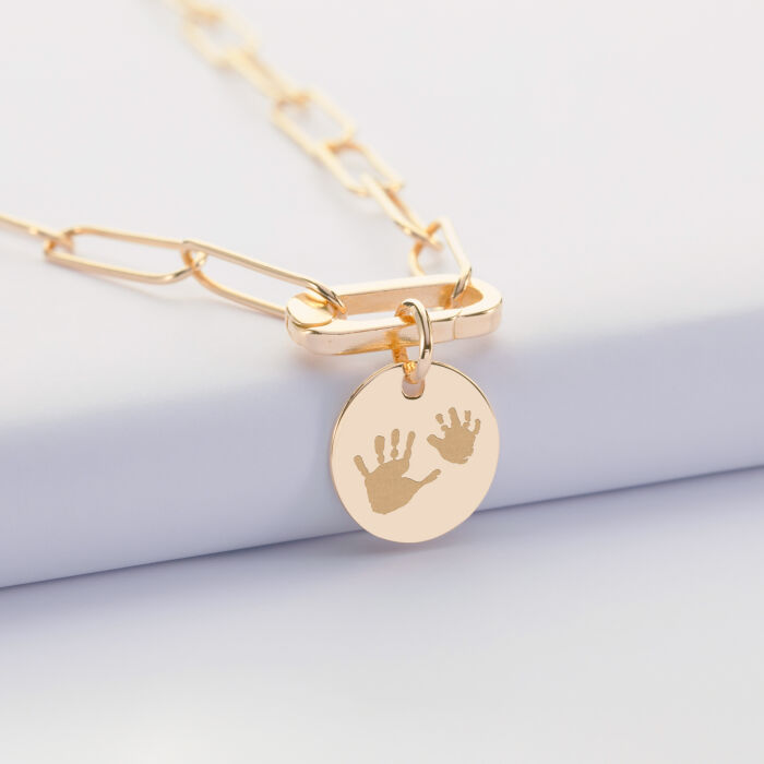 Collier personnalisé grandes mailles médaille gravée plaqué or 15 mm -  empreinte